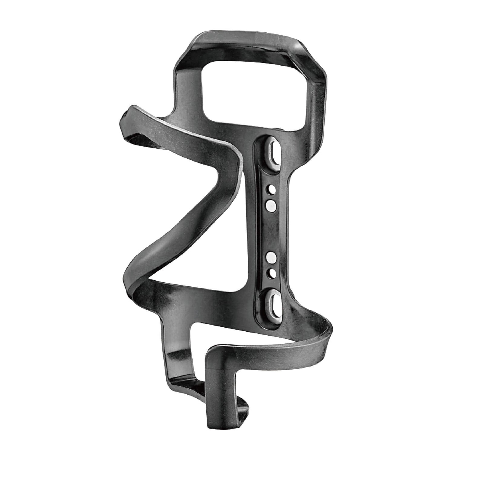 Three-quarter angle view of the McLaren side-loading e-mountain bike water bottle cage made of carbon fiber/plastic composite in matte black.