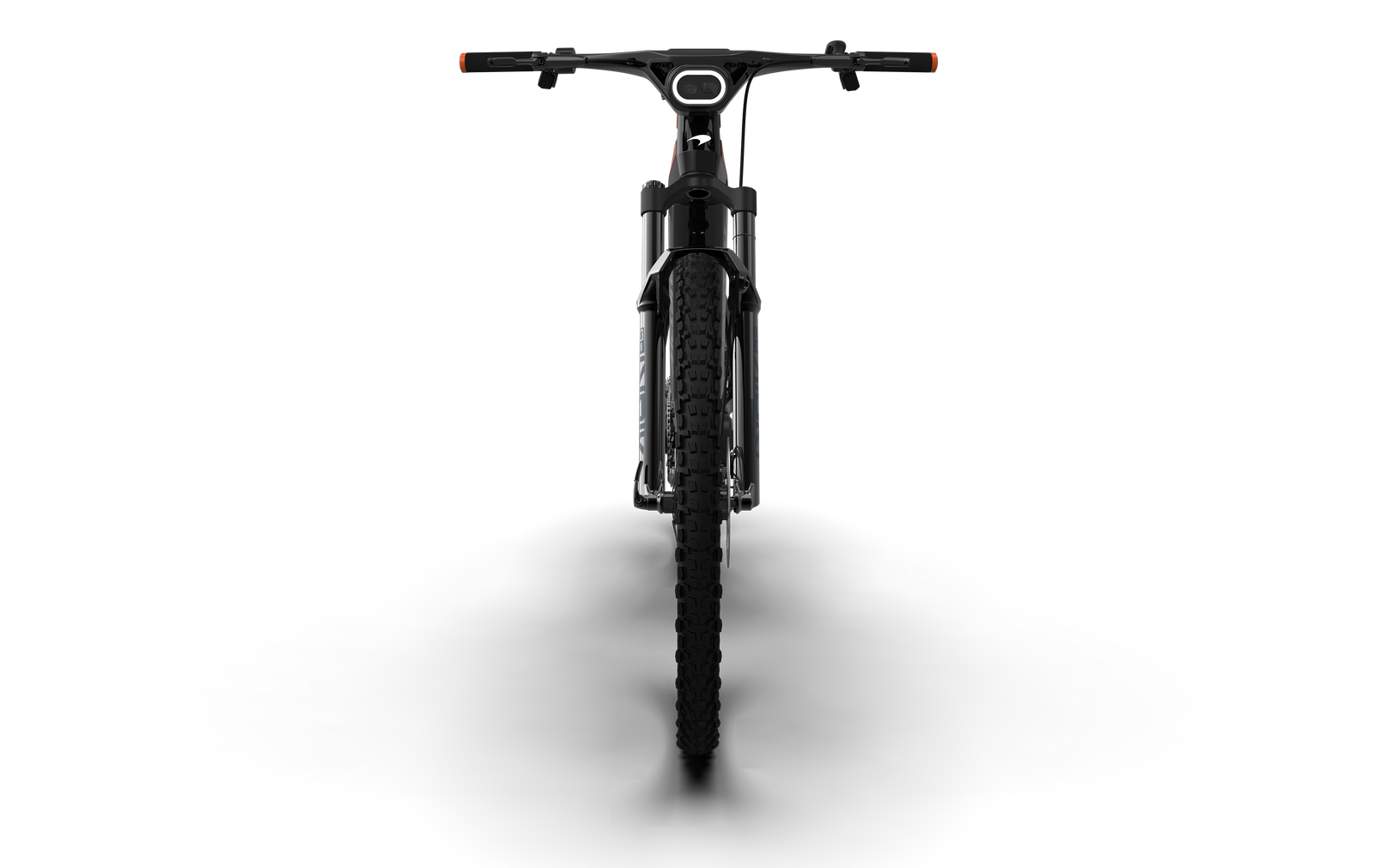 Head on view of the McLaren Extreme full-suspension electric mountain bike showing the integrated headlamp, McLaren head tube badge, and front view of the Rock Shox Lyrik fork.