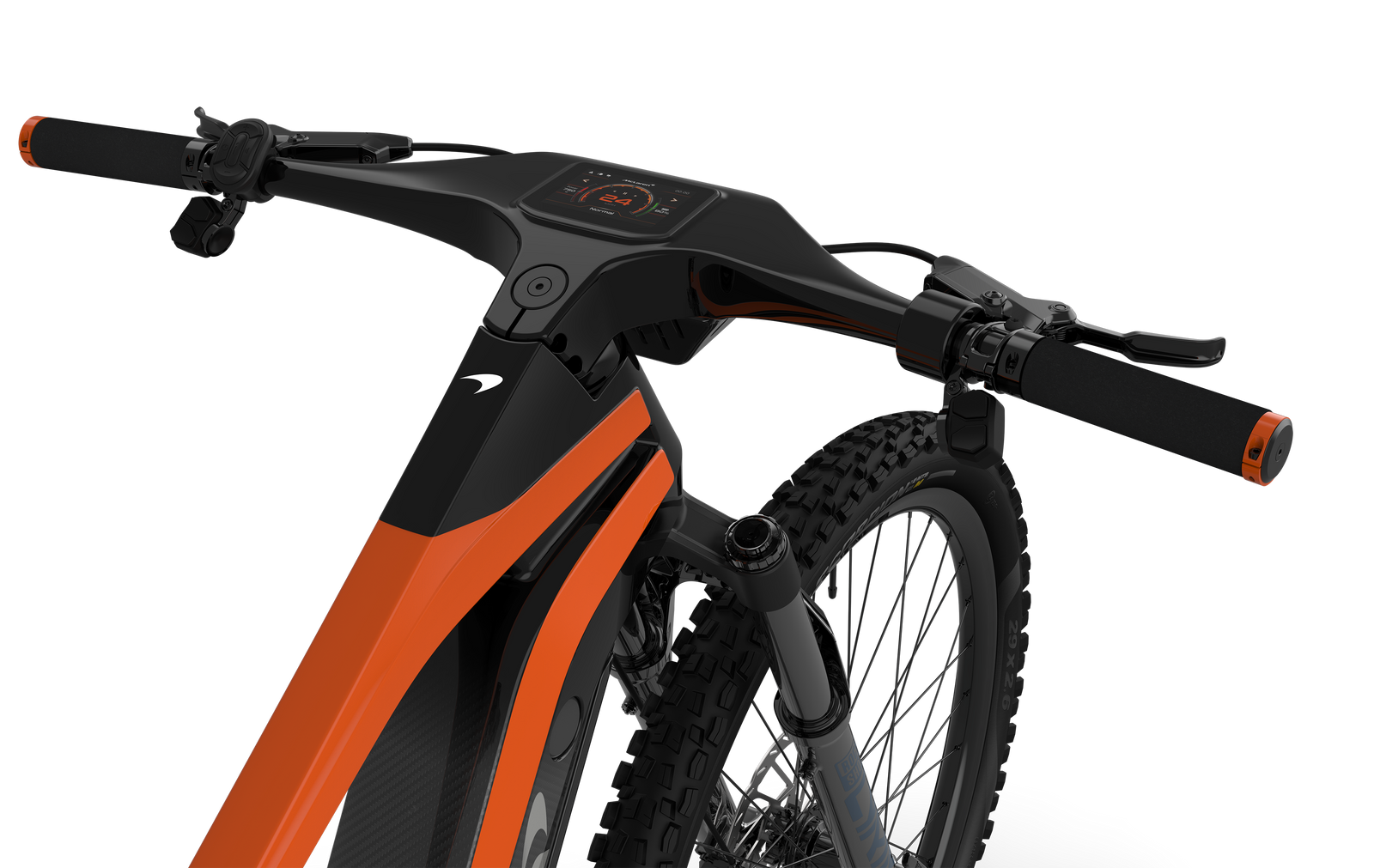 Angled, downward view of the McLaren integrated electric mountain bike cockpit which is made of a one-piece stem, handlebar and high-resolution digital screen display the shows bike rider's speed, distance, and more.