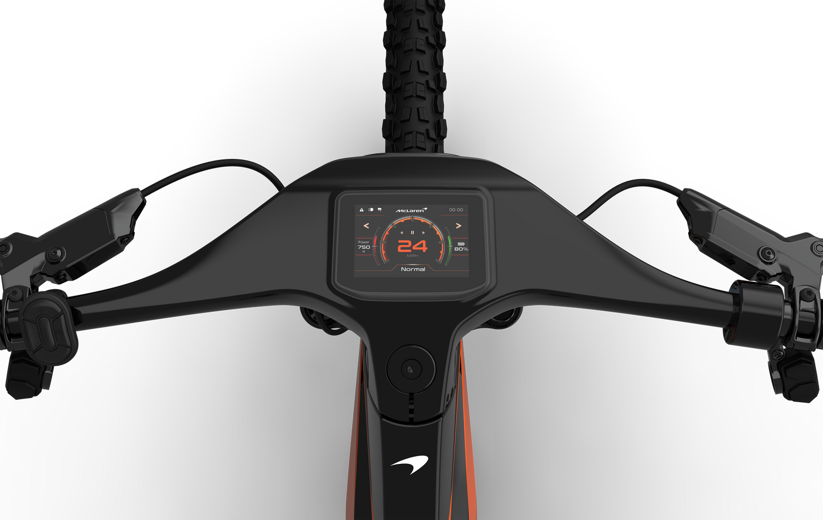 Close-up view of the integrated McLaren eMTB cockpit and high-quality digital display cluster featuring electric mountain bike battery charge level, speed, and other rider functions.
