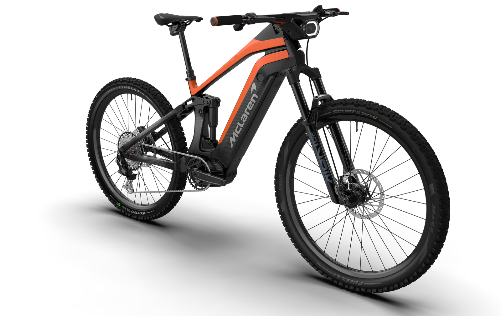 Three-quarter angled view of the McLaren Extreme eMTB with powerful 600W motor highlighting the RockShox Lyrik fork and integrated headlight.