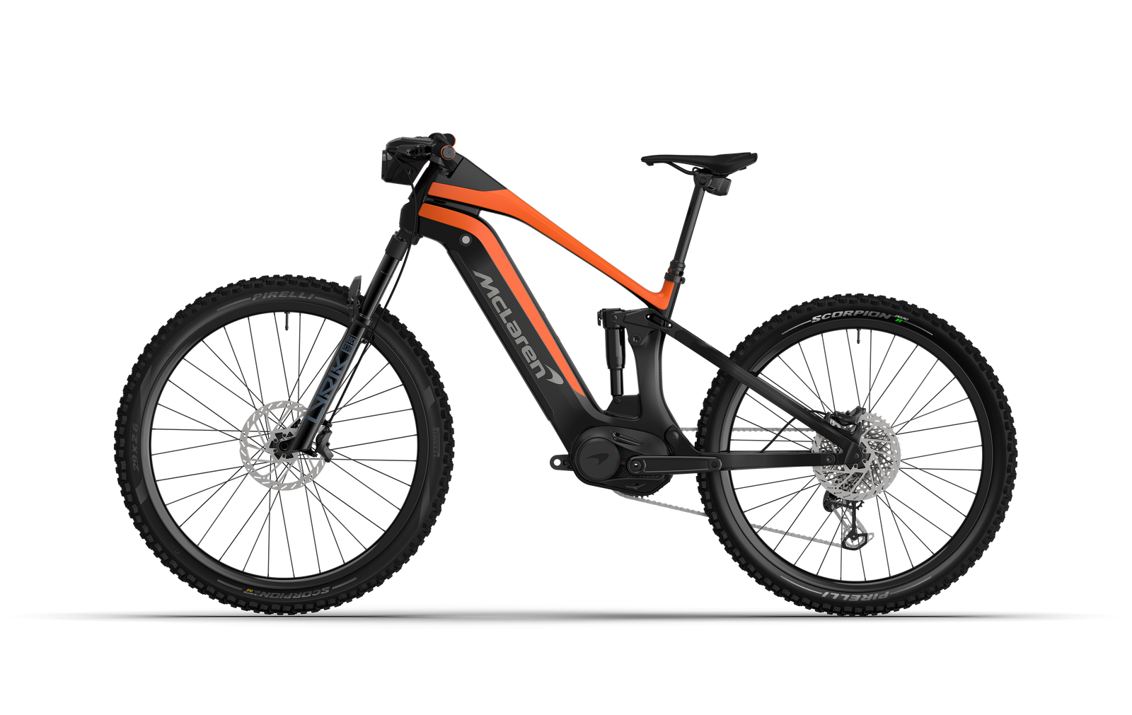Non-drive side view of the McLaren Extreme electic mountain bike featuring a 600W motor, 140mm of front and rear travel, and robust but lightweight carbon frame wrapped 3k carbon weave.