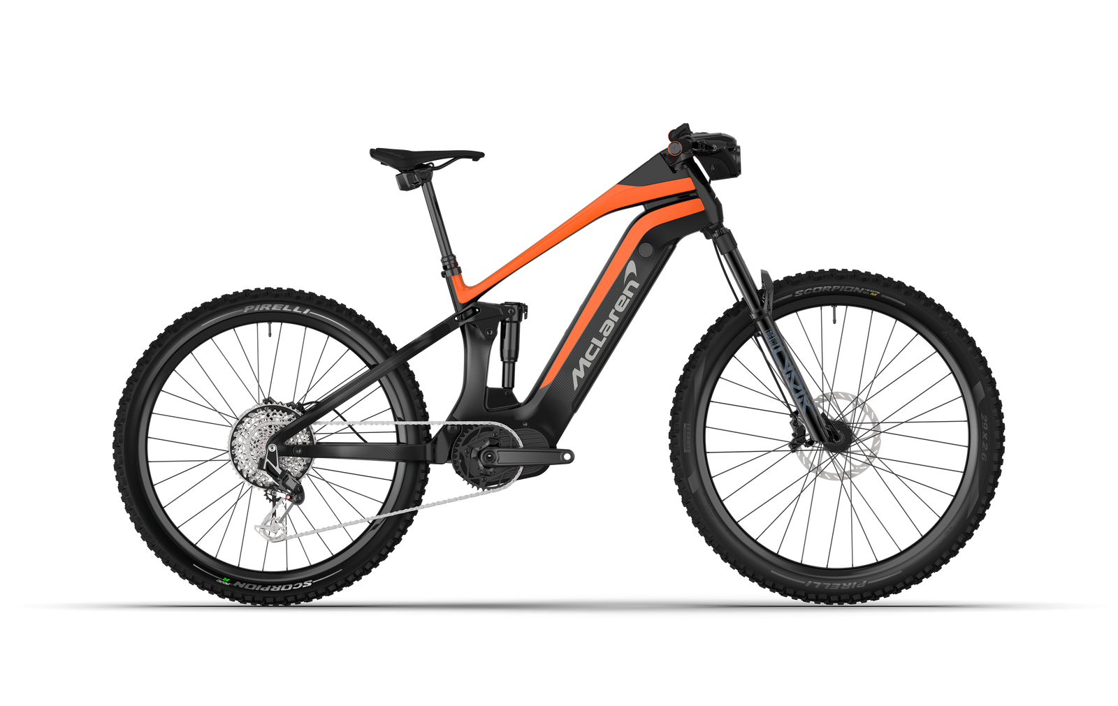 160mm front and 145mm rear travel McLaren Extreme e-mountain bike with SRAM Eagle drivetrain, Rock Shox Lyrik fork, and full carbon frame.