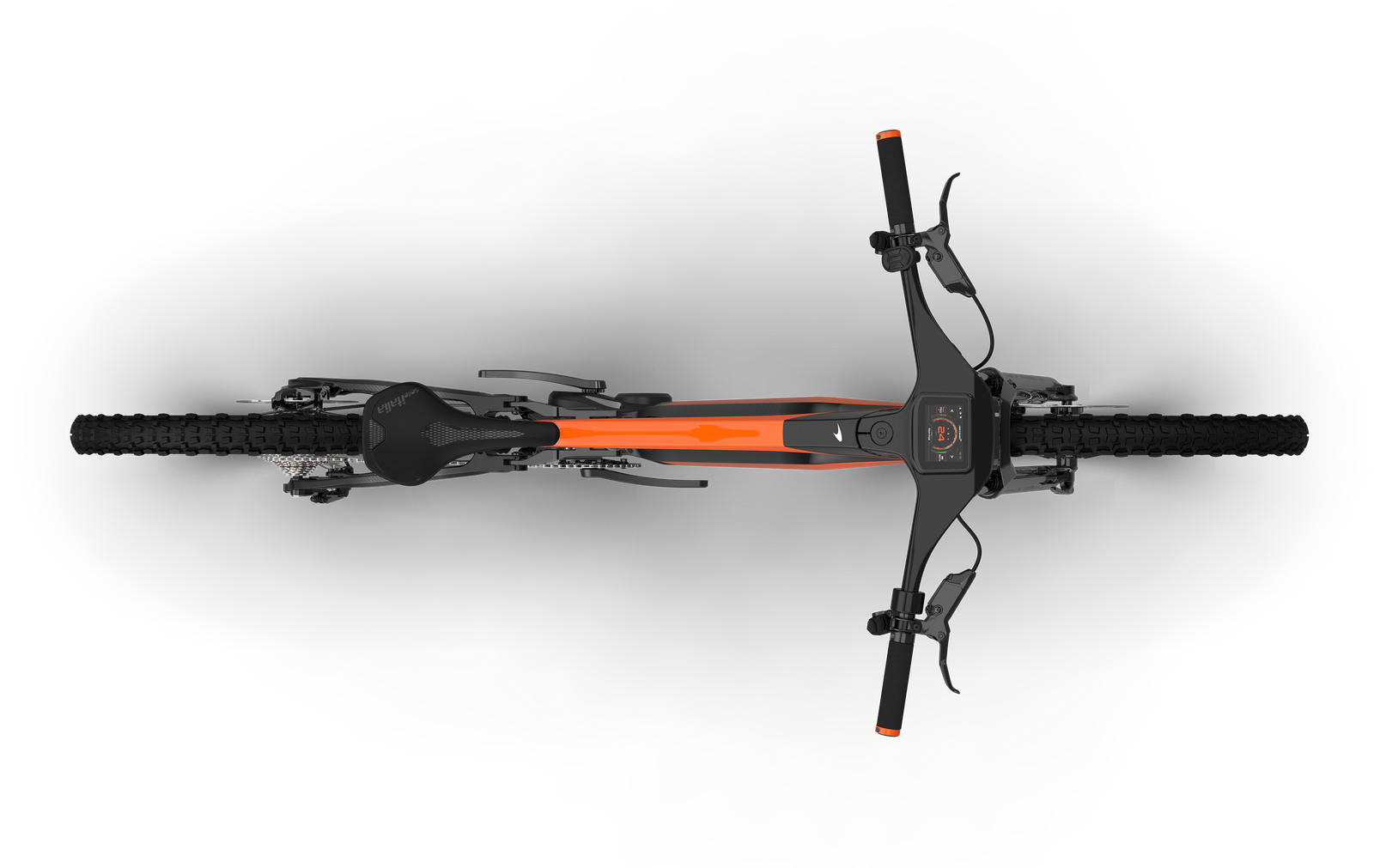 Overhead view of the McLaren Extreme 160mm front and 145rear suspension eMTB, clearly showing the usage of McLaren's core brand color of mango orange on the top tube and aluminum grip clamps.