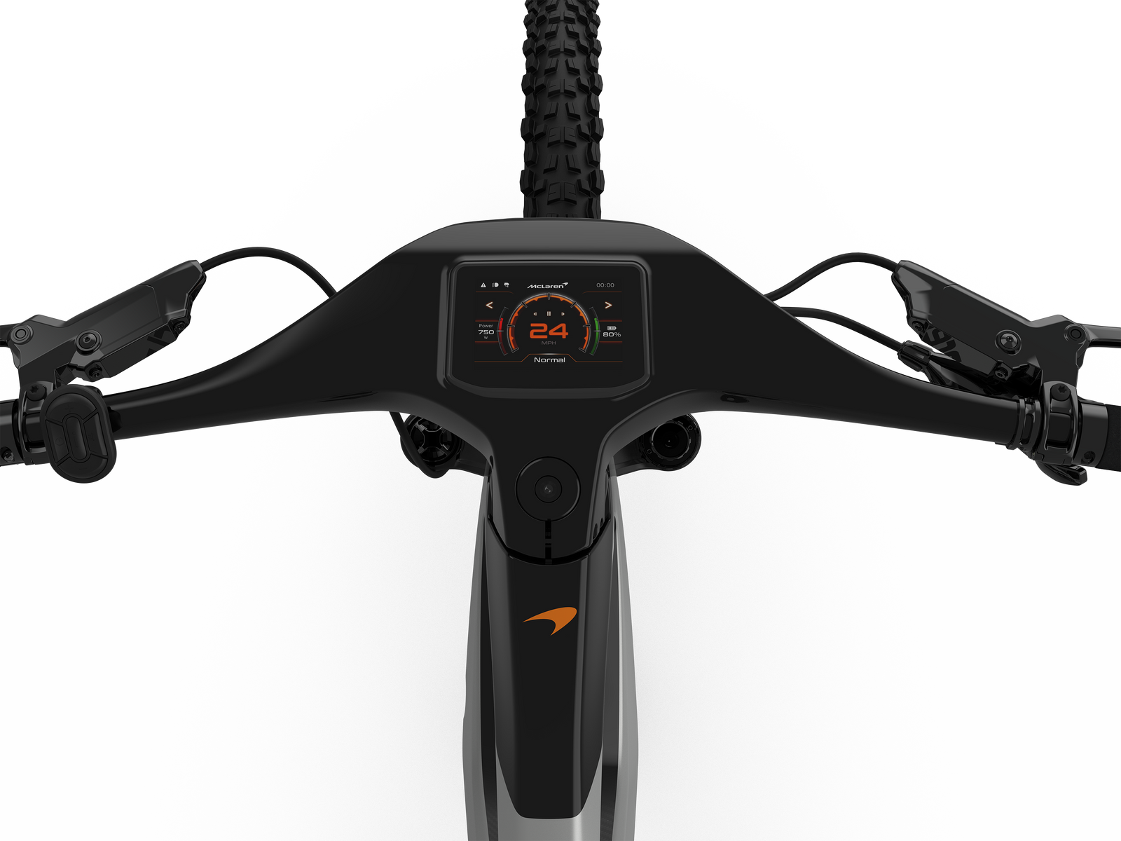 Overhead close-up view of the HD digital display unit on the 250w McLaren 29er hardtail electric mountain bike featuring a carbon frame wrapped in 3k carbon for a premium automobile-quality finish.