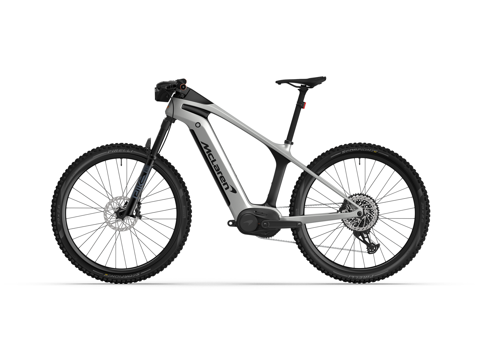 Non-drive side view of the bright silver and naked carbon McLaren 29er hardtail eMTB with custom 250W motor producing 121 Nm torque.