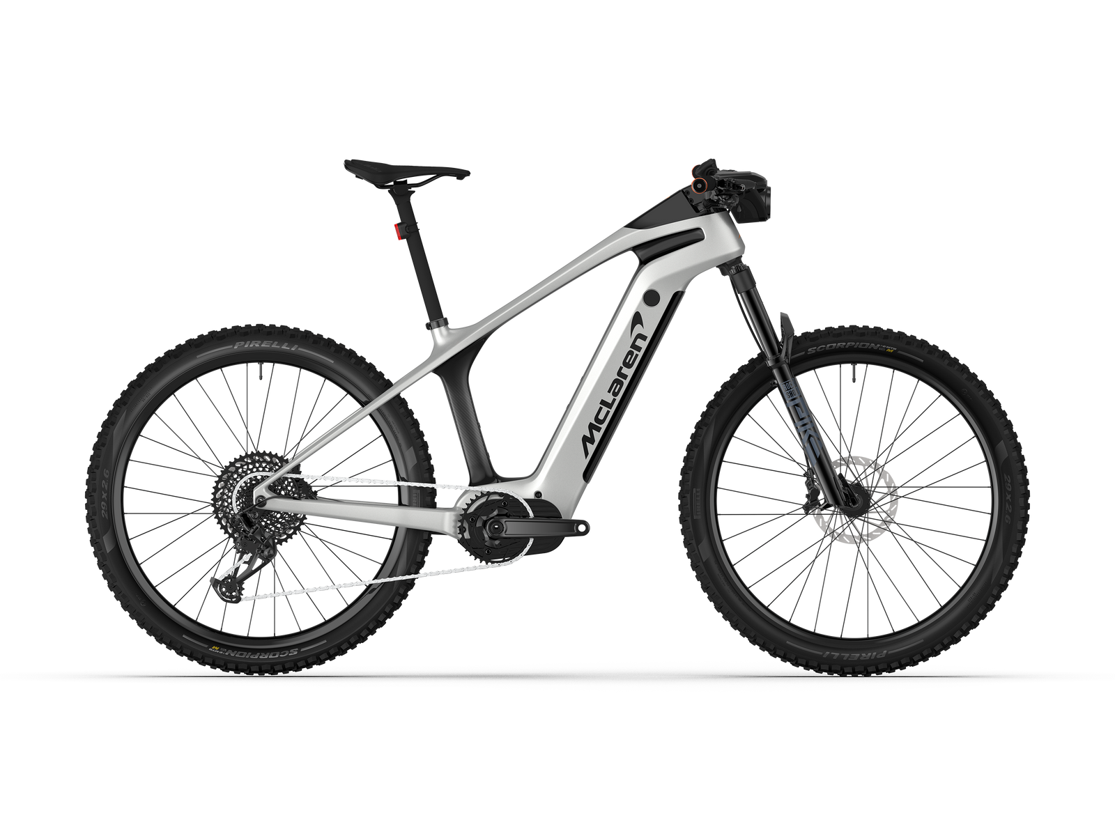 Drive-side view of the 250w McLaren carbon hardtail eMTB featuring SRAM GX Eagle mechanical group.