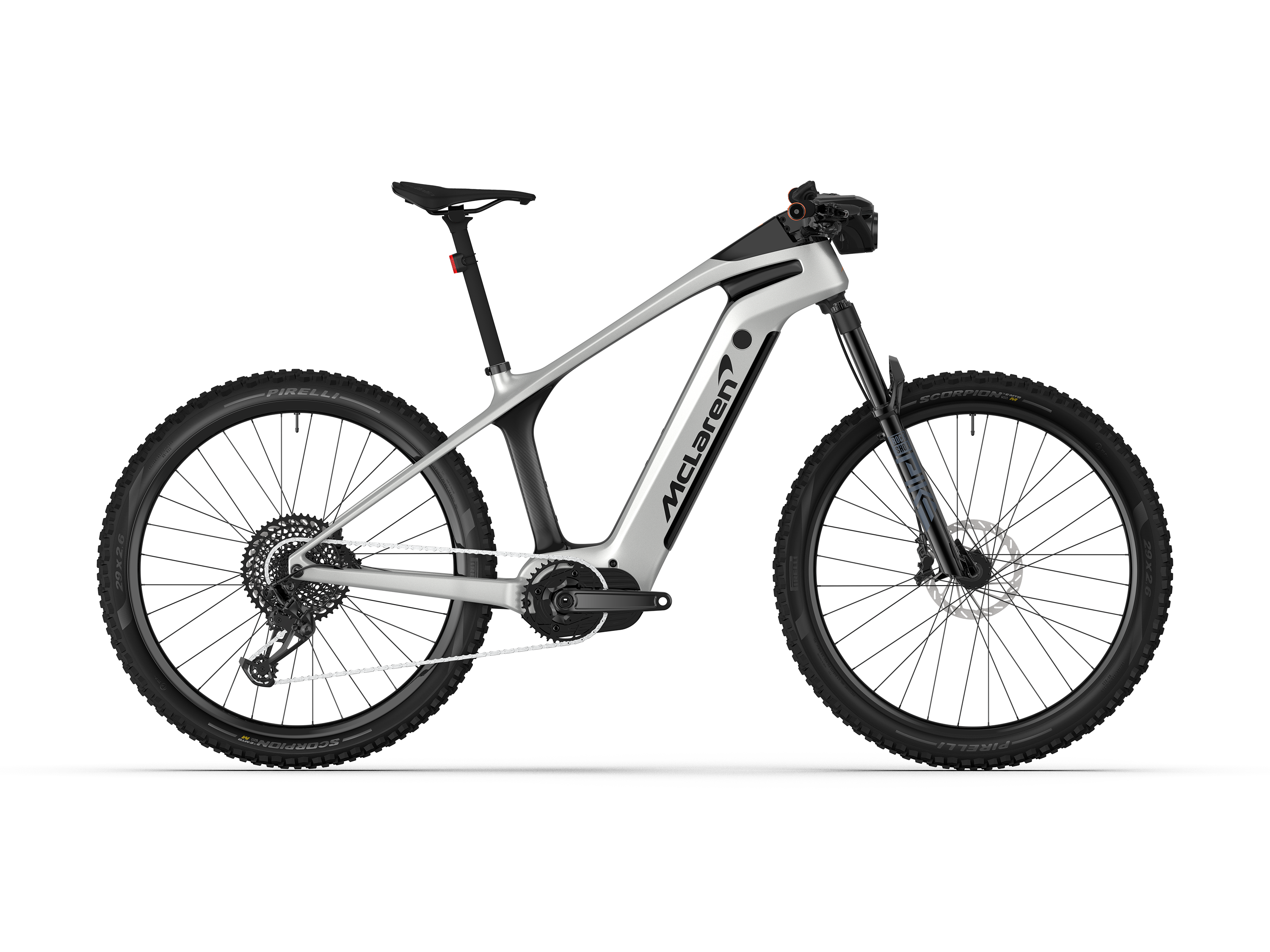 Drive-side view of the 250w McLaren carbon hardtail eMTB featuring SRAM GX Eagle mechanical group.