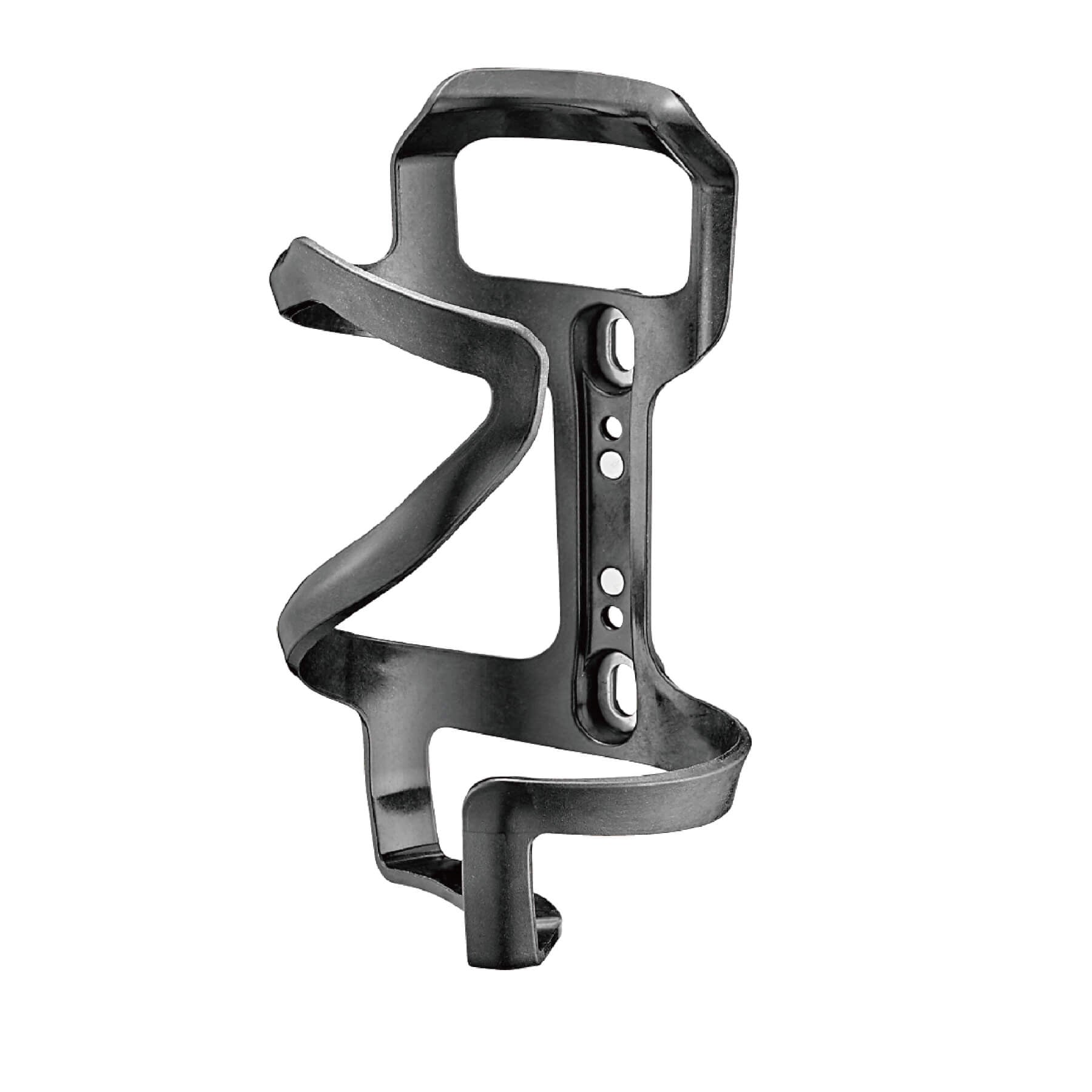 Three-quarter angle view of the McLaren side-loading e-mountain bike water bottle cage made of carbon fiber/plastic composite in matte black. 