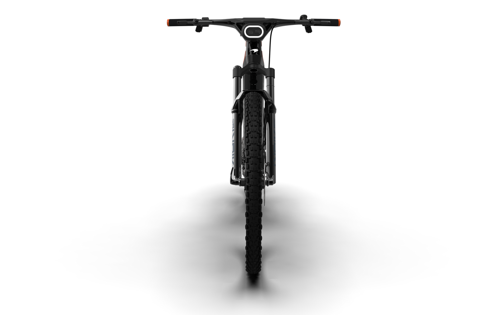 Head on view of the McLaren Extreme full-suspension e-mountain bike showing the integrated headlamp, McLaren head tube badge, and front view of Rock Shox Lyrik fork. 