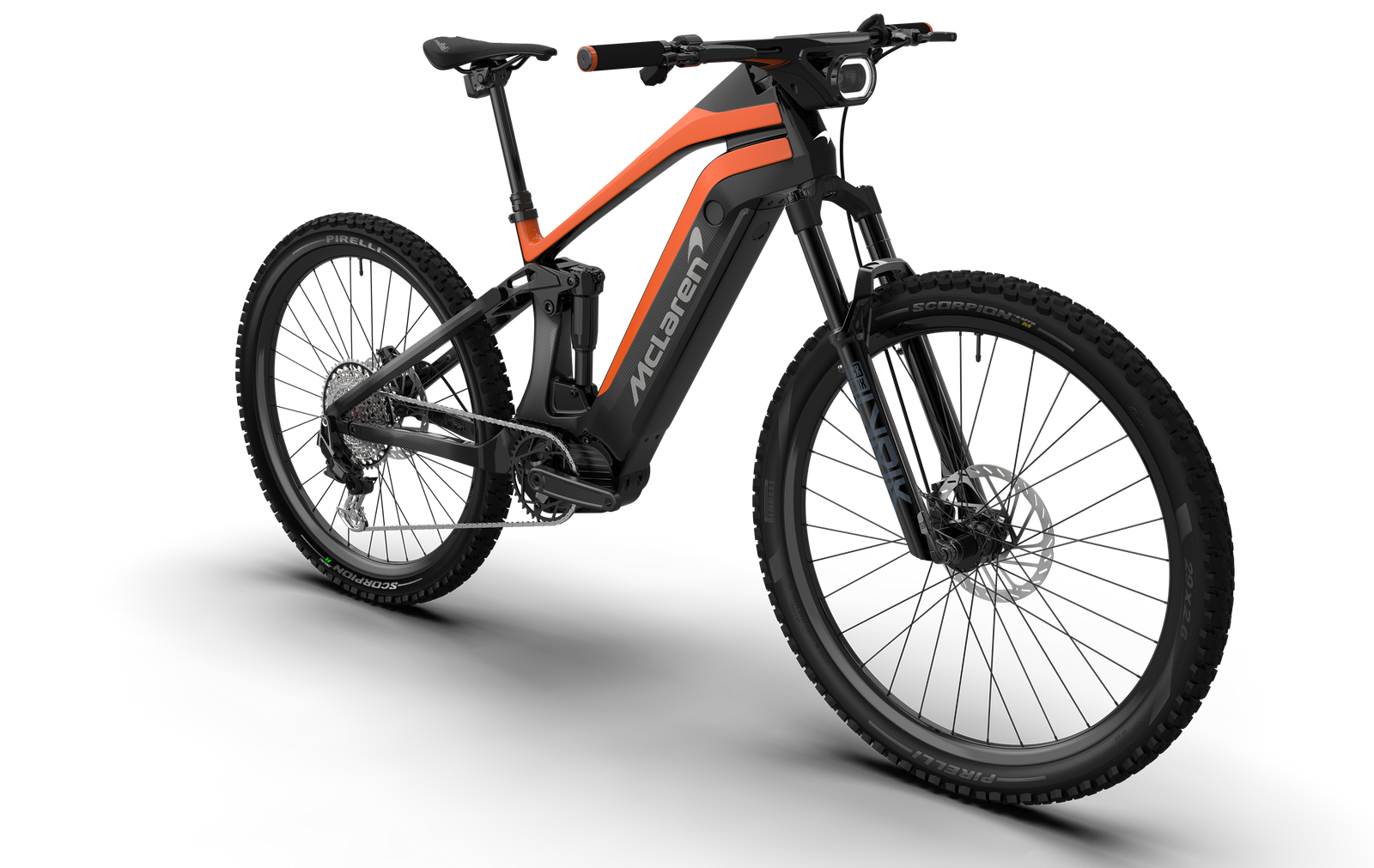 Three-quarter angled view of the McLaren Extreme eMTB with powerful 600W motor highlighting the RockShox Lyrik fork and integrated headlight. 