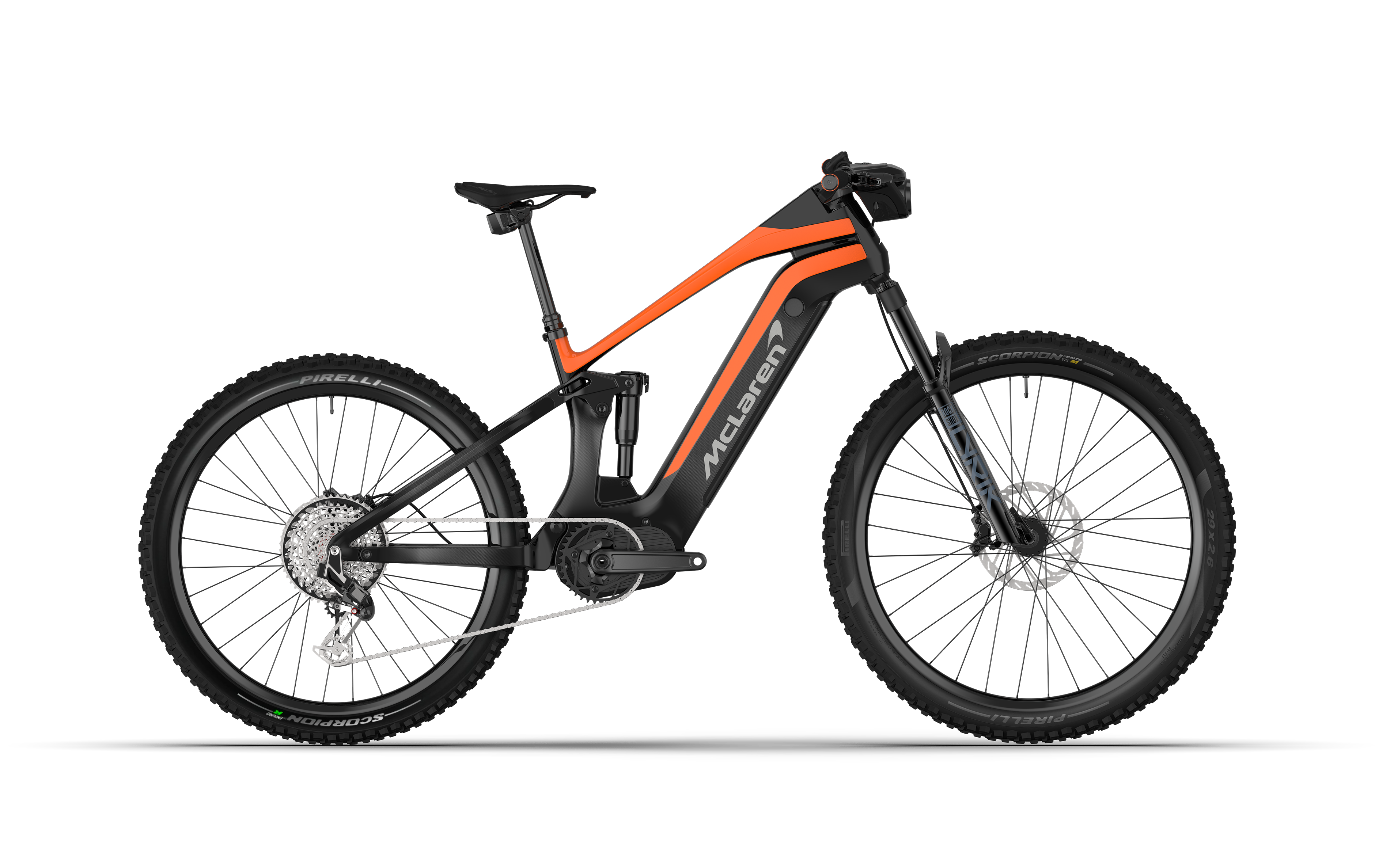 160mm front and 145mm rear travel McLaren Extreme e-mountain bike with SRAM Eagle drivetrain, Rock Shox Lyrik fork, and full carbon frame.