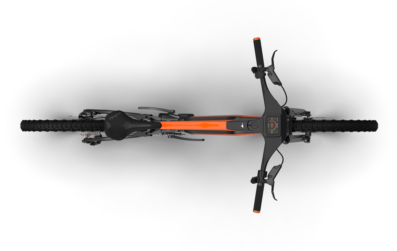 Overhead view of the McLaren Extreme 160mm front and 145rear suspension eMTB, clearly showing the usage of McLaren's core brand color of mango orange on the top tube and aluminum grip clamps.  