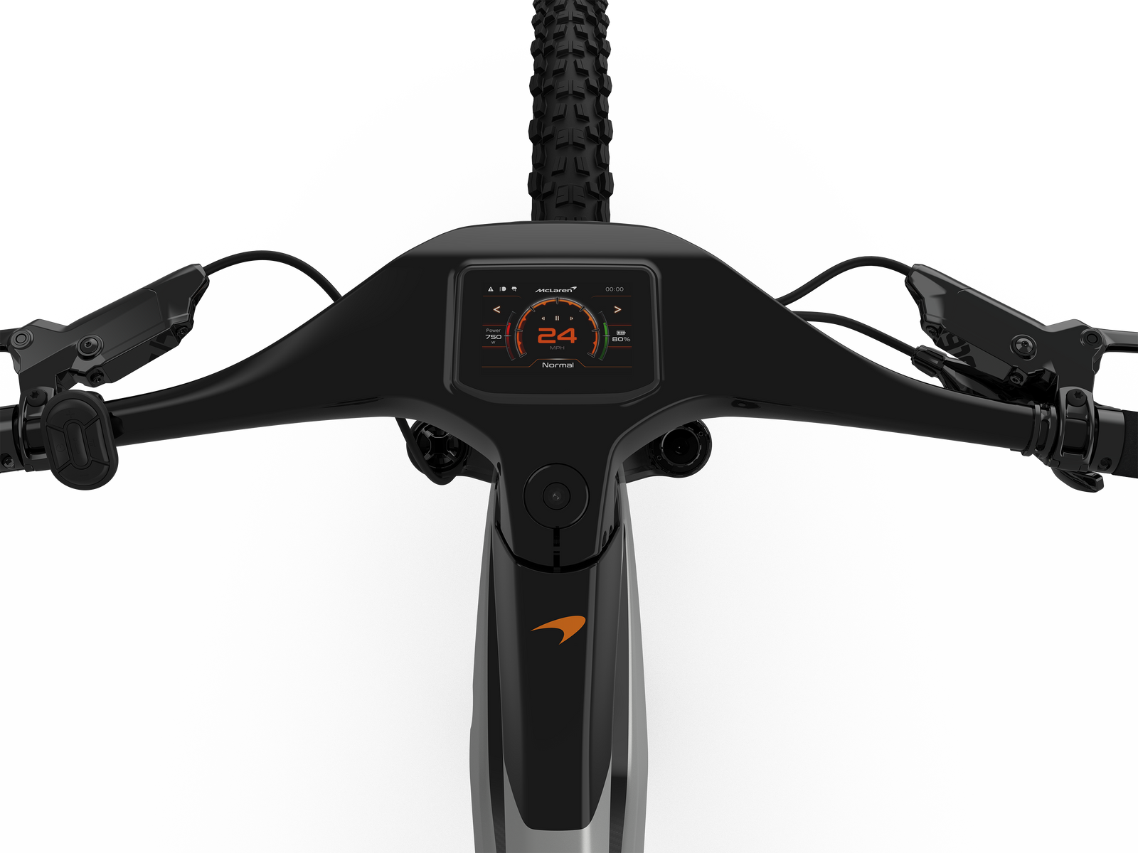 Overhead close-up view of the HD digital display unit on the 600w McLaren 29er hardtail e-MTB featuring a carbon frame wrapped in 3k carbon for a premium automobile-quality finish. 