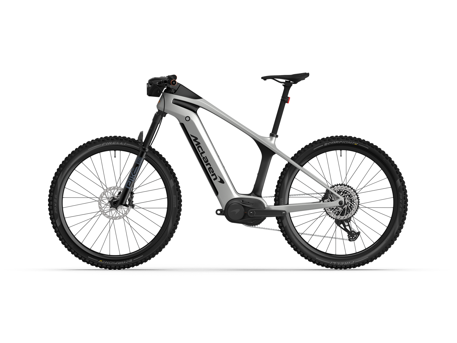 Non-drive side view of the bright silver and naked carbon McLaren 29er hardtail with custom 600W motor producing 121 Nm torque. 